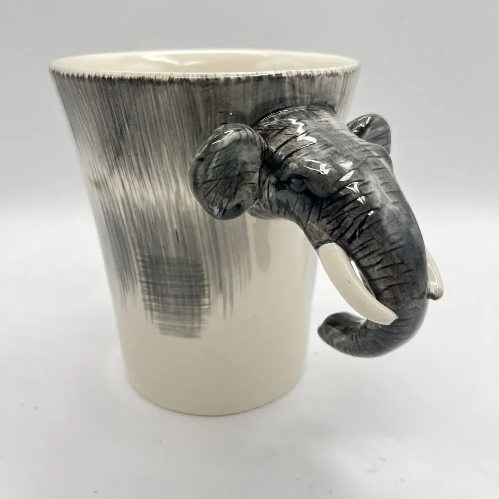 Pier 1 Ceramic Handpainted Stoneware Elephant Coffee Cup Mug Face Handle Large